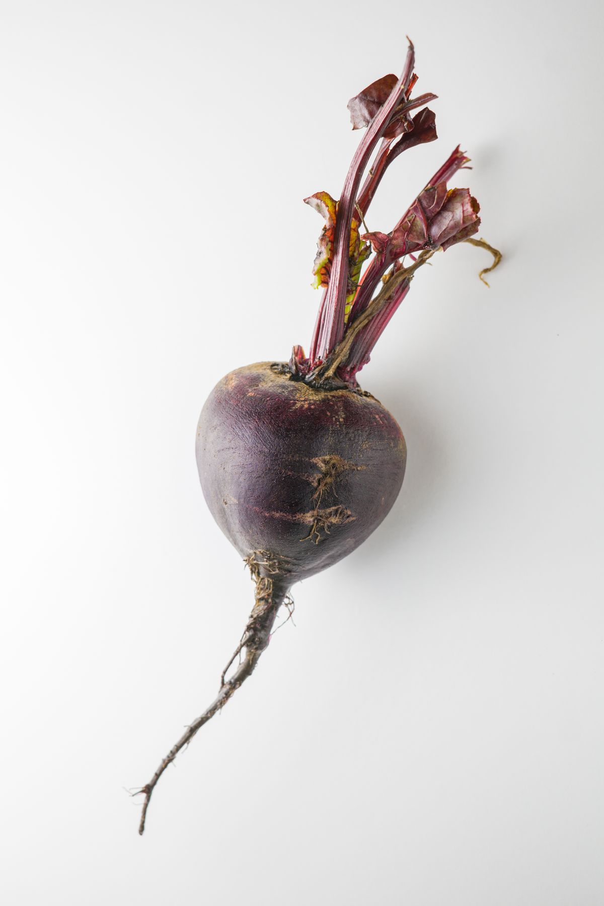 Whole beetroot with stems on a white surface