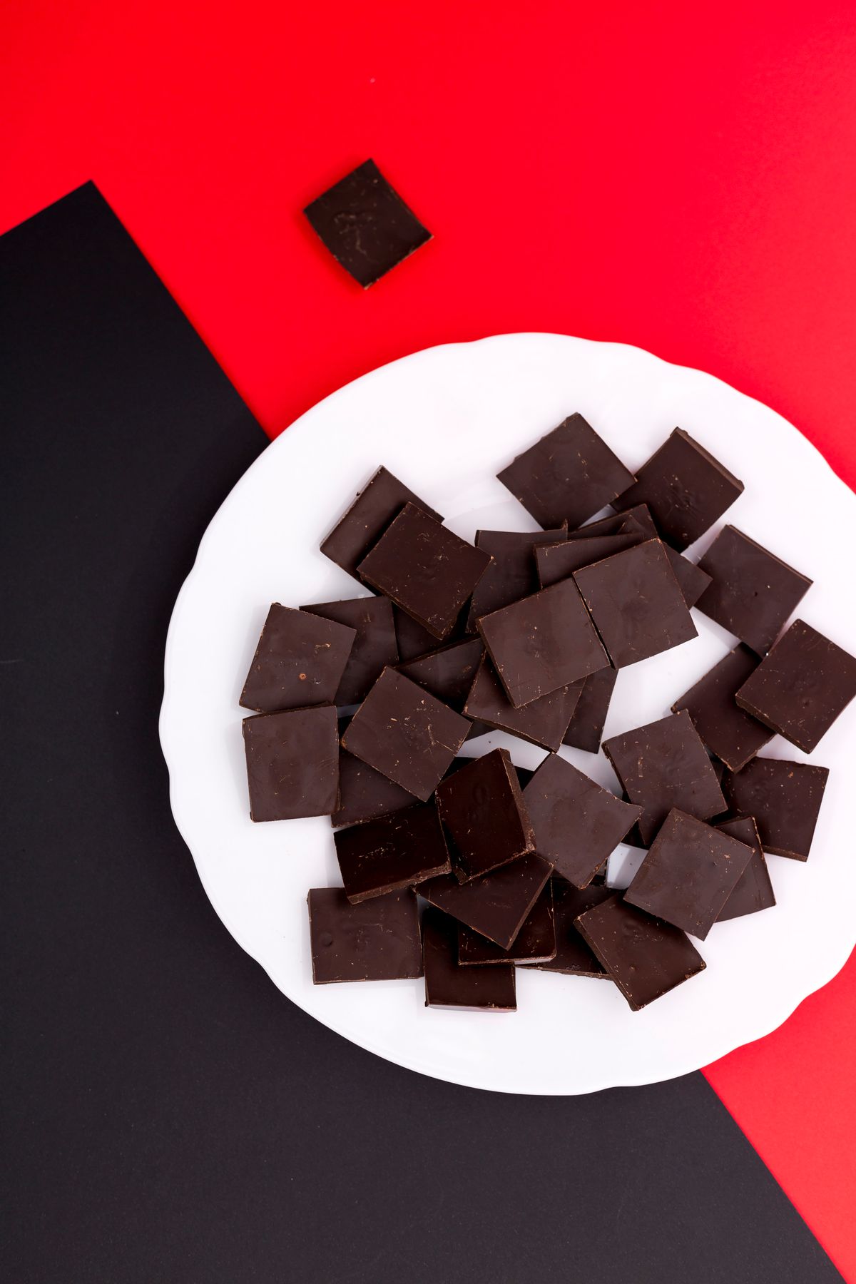 Dark chocolate squares arranged on a plate
