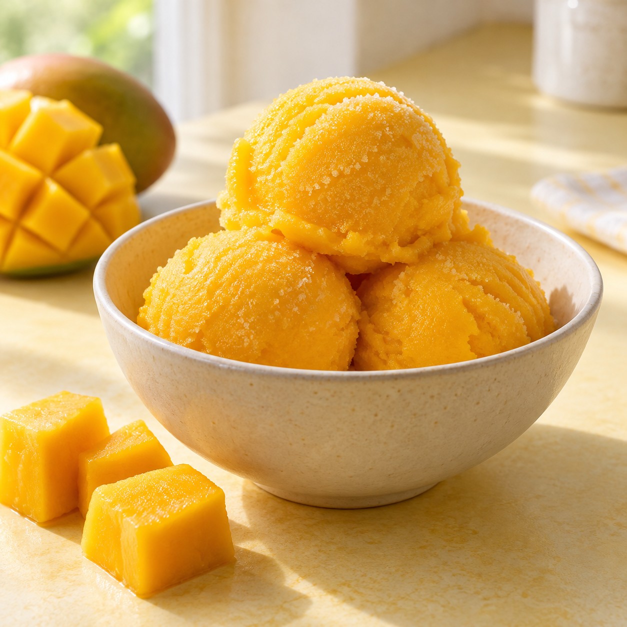 AI-generated serving illustration of golden mango sorbet