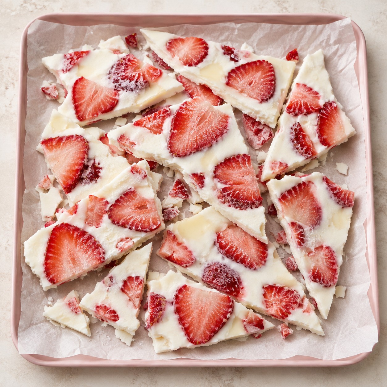 AI-generated serving illustration of frozen strawberry yoghurt bark